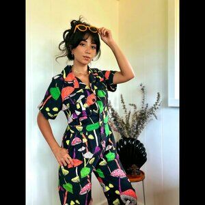 NWOT 🌈 FARM RIO Cotton Jumpsuit – Vibrant Mushroom Print (Size Small)